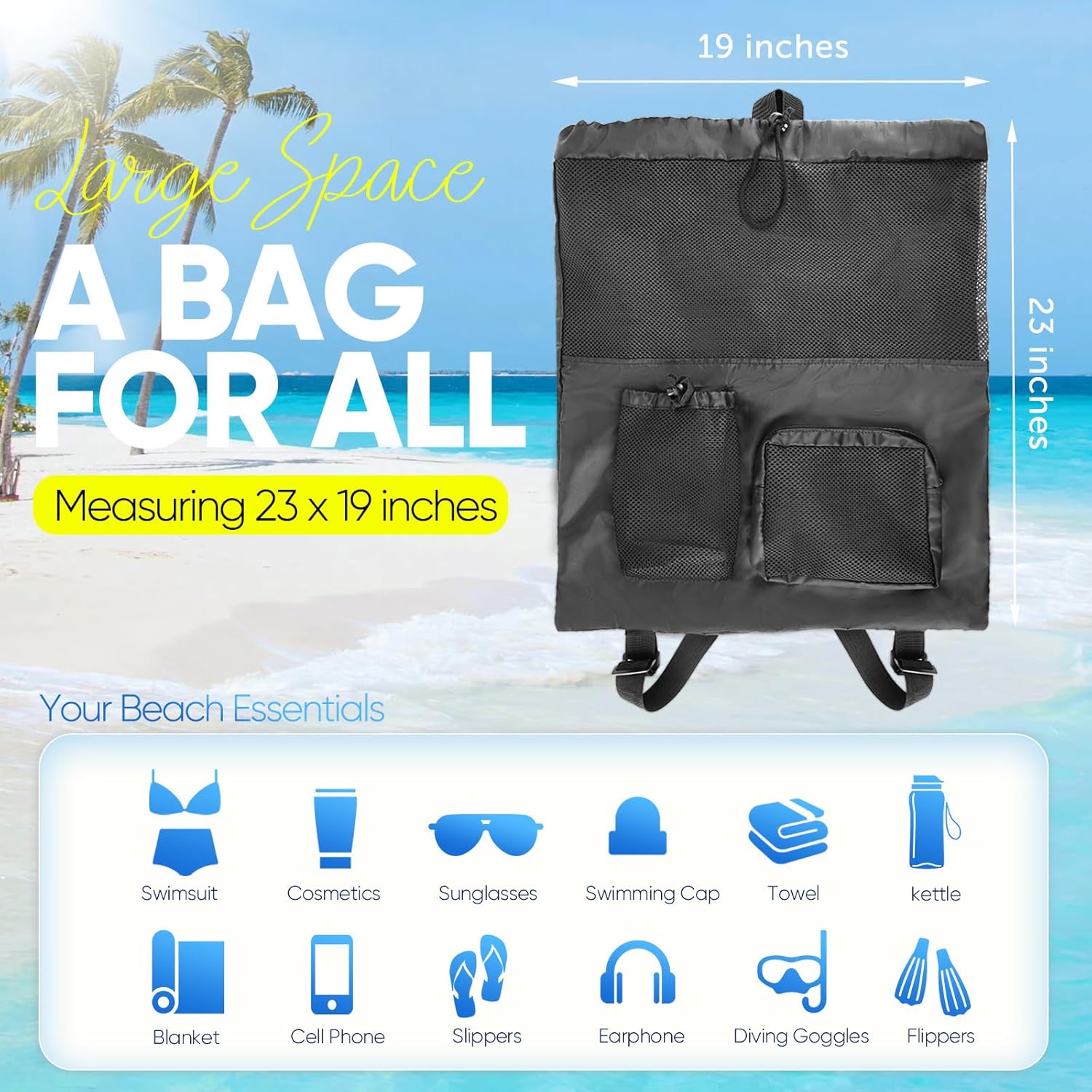 Swim Mesh Beach Bag, Waterproo - Drawstring Gym Bag ulasan dan harga