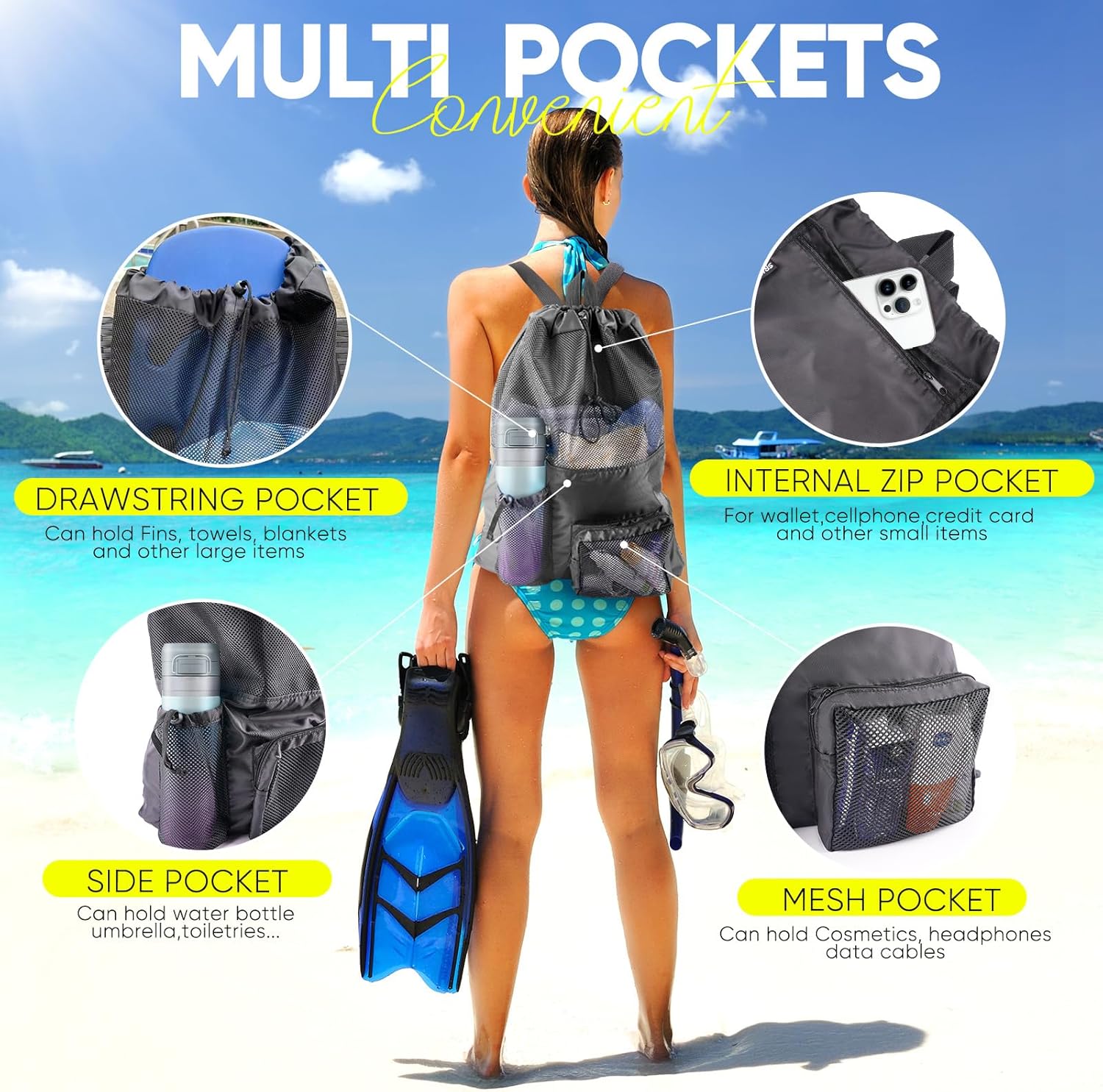 Swim Mesh Beach Bag, Waterproo - Drawstring Gym Bag ulasan dan harga