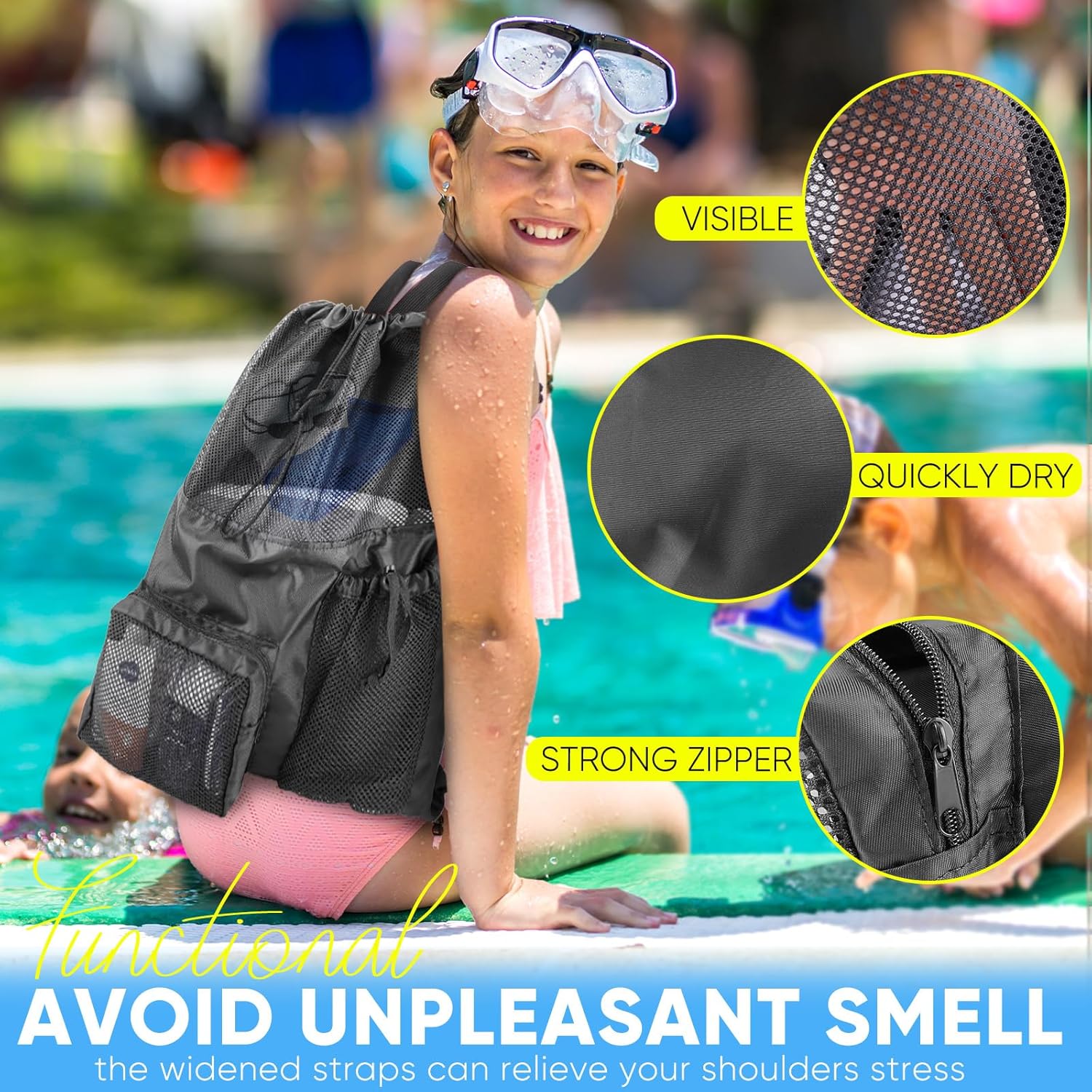 Swim Mesh Beach Bag, Waterproo - Drawstring Gym Bag ulasan dan harga